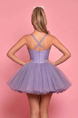 Lilac Satin Corset Mini Dress Deep Sweetheart Criss Cross Back Bow Rhinestone Tulle Skirt Ballet Homecoming Gown