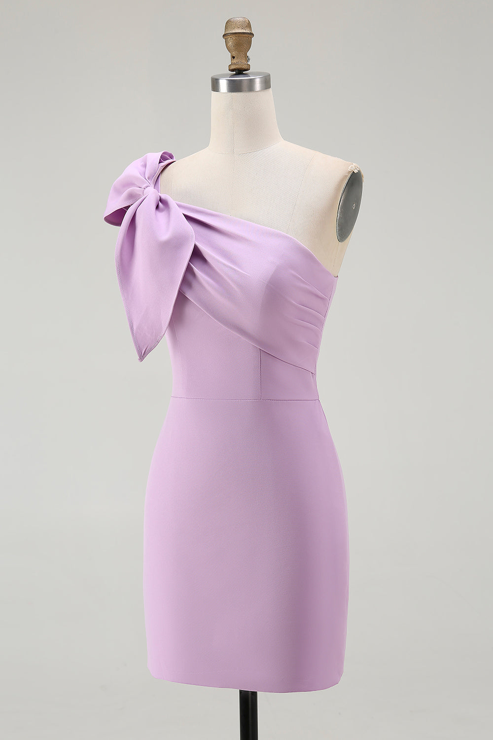 Lilac Satin One Shoulder Ruched Short Tight Homecoming Dress with Bow