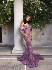 Lilac Sequin Mermaid Prom Dress Off Shoulder Fringe Bow Sparkly Evening Gown with Sweep Train