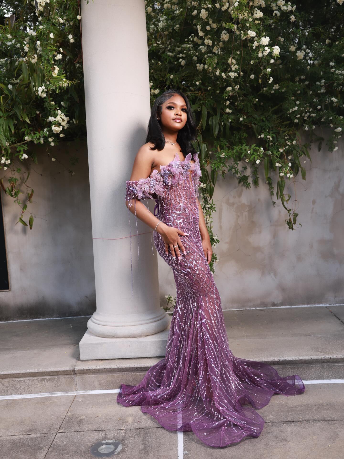 Lilac Sequin Mermaid Prom Dress Off Shoulder Fringe Bow Sparkly Evening Gown with Sweep Train