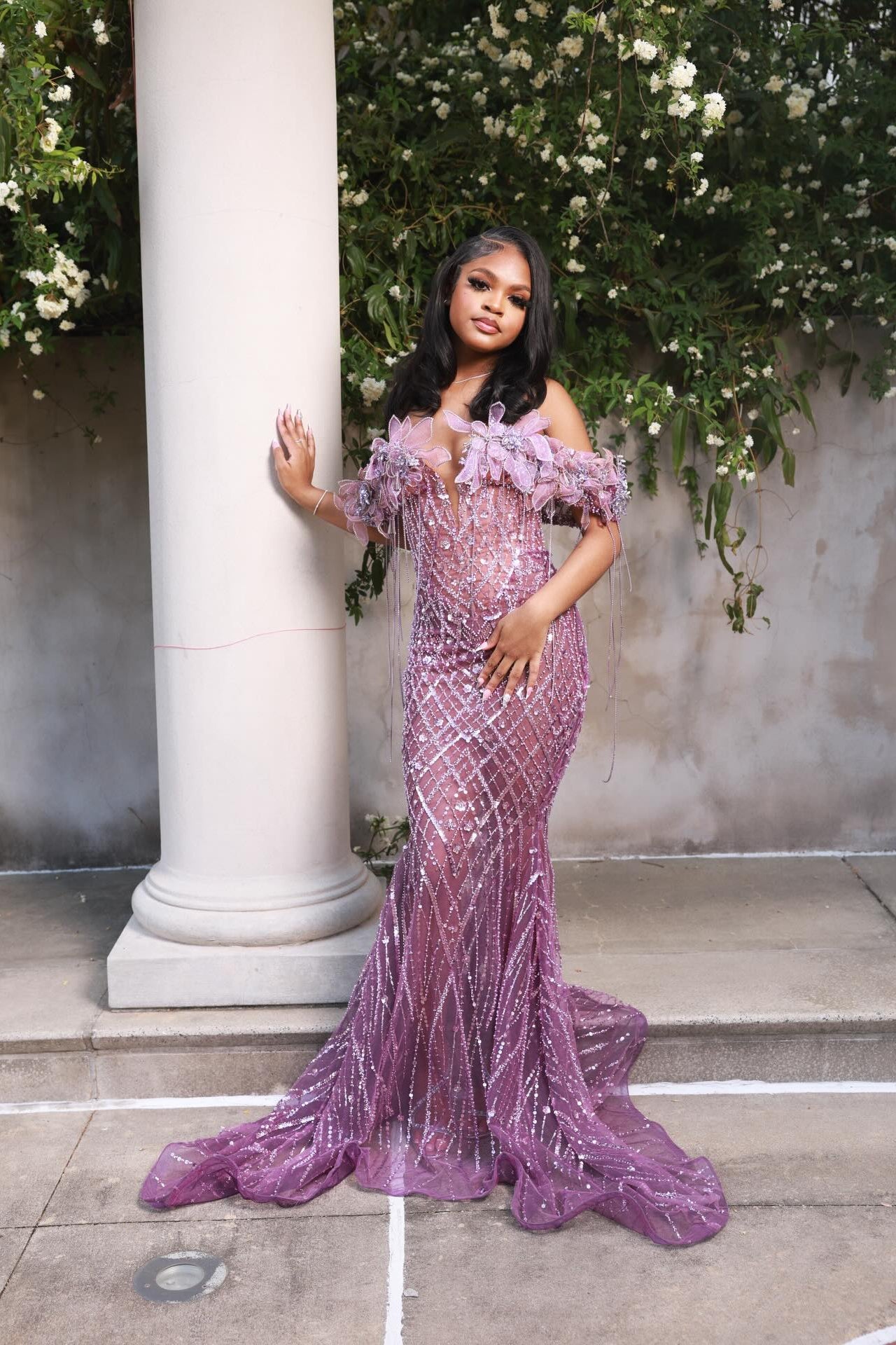 Lilac Sequin Mermaid Prom Dress Off Shoulder Fringe Bow Sparkly Evening Gown with Sweep Train