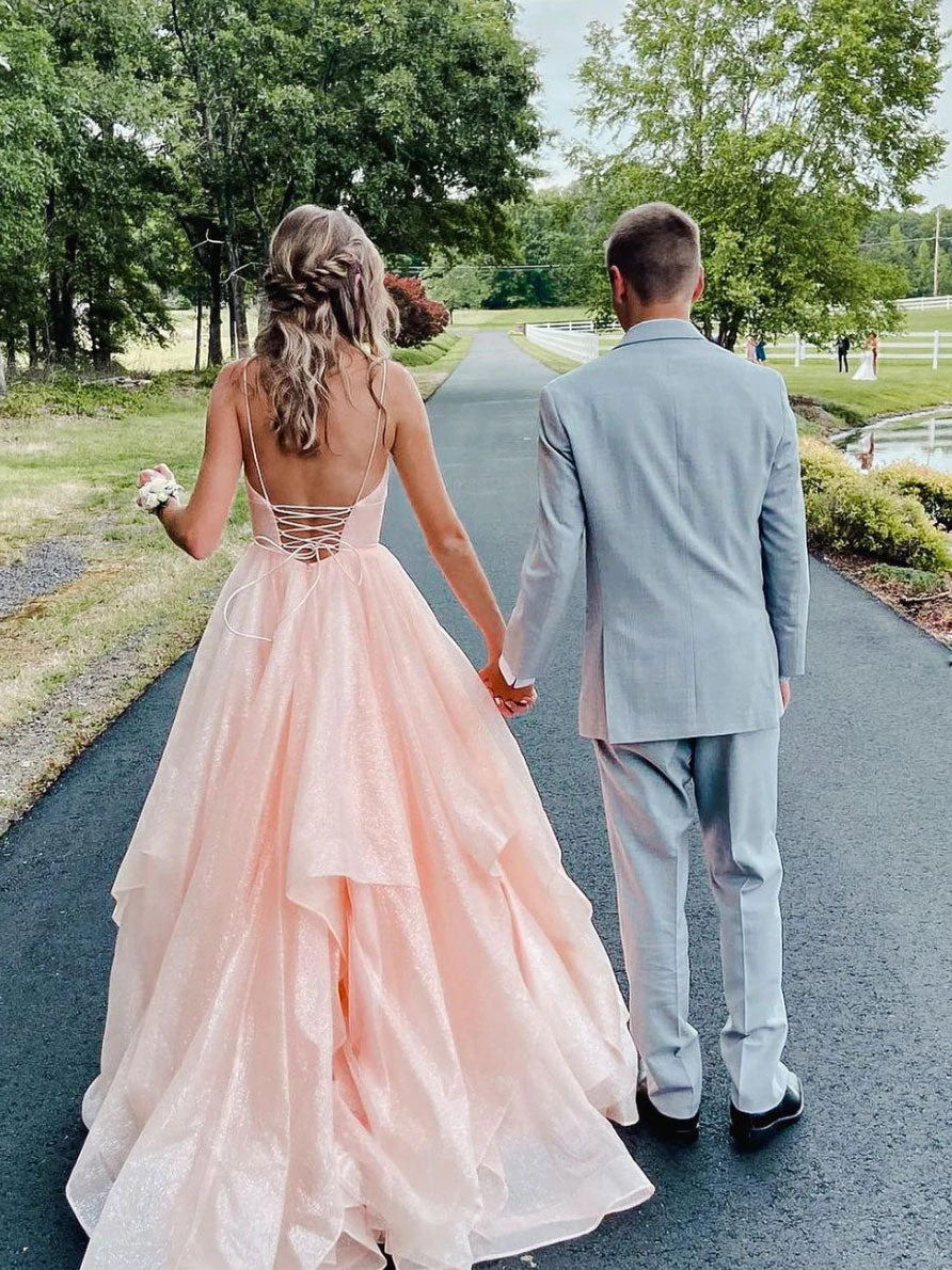 Lilac Spaghetti Strap Deep V-Neck Ball Gown Tulle Floor Length Formal Evening Dress