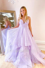 Lilac Spaghetti Strap Deep V-Neck Ball Gown Tulle Floor Length Formal Evening Dress