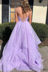 Lilac Spaghetti Strap Deep V-Neck Ball Gown Tulle Floor Length Formal Evening Dress