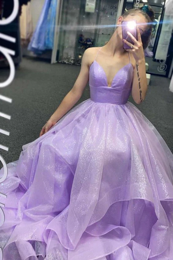 Lilac Spaghetti Strap Deep V-Neck Ball Gown Tulle Floor Length Formal Evening Dress