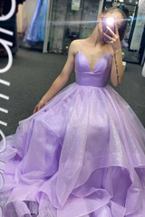 Lilac Spaghetti Strap Deep V-Neck Ball Gown Tulle Floor Length Formal Evening Dress