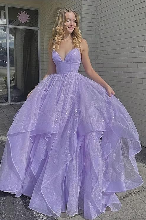 Lilac Spaghetti Strap Deep V-Neck Ball Gown Tulle Floor Length Formal Evening Dress