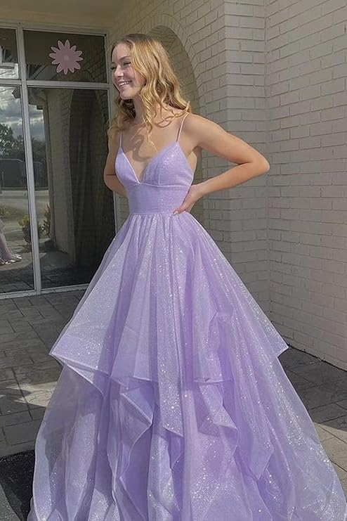 Lilac Spaghetti Strap Deep V-Neck Ball Gown Tulle Floor Length Formal Evening Dress