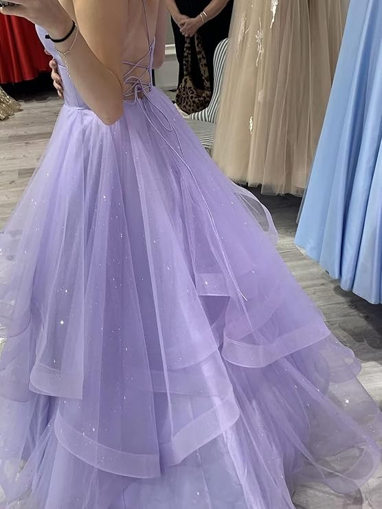 Lilac Spaghetti Strap Deep V-Neck Ball Gown Tulle Floor Length Formal Evening Dress