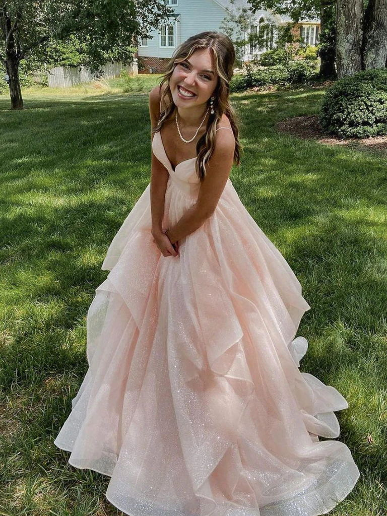 Lilac Spaghetti Strap Deep V-Neck Ball Gown Tulle Floor Length Formal Evening Dress