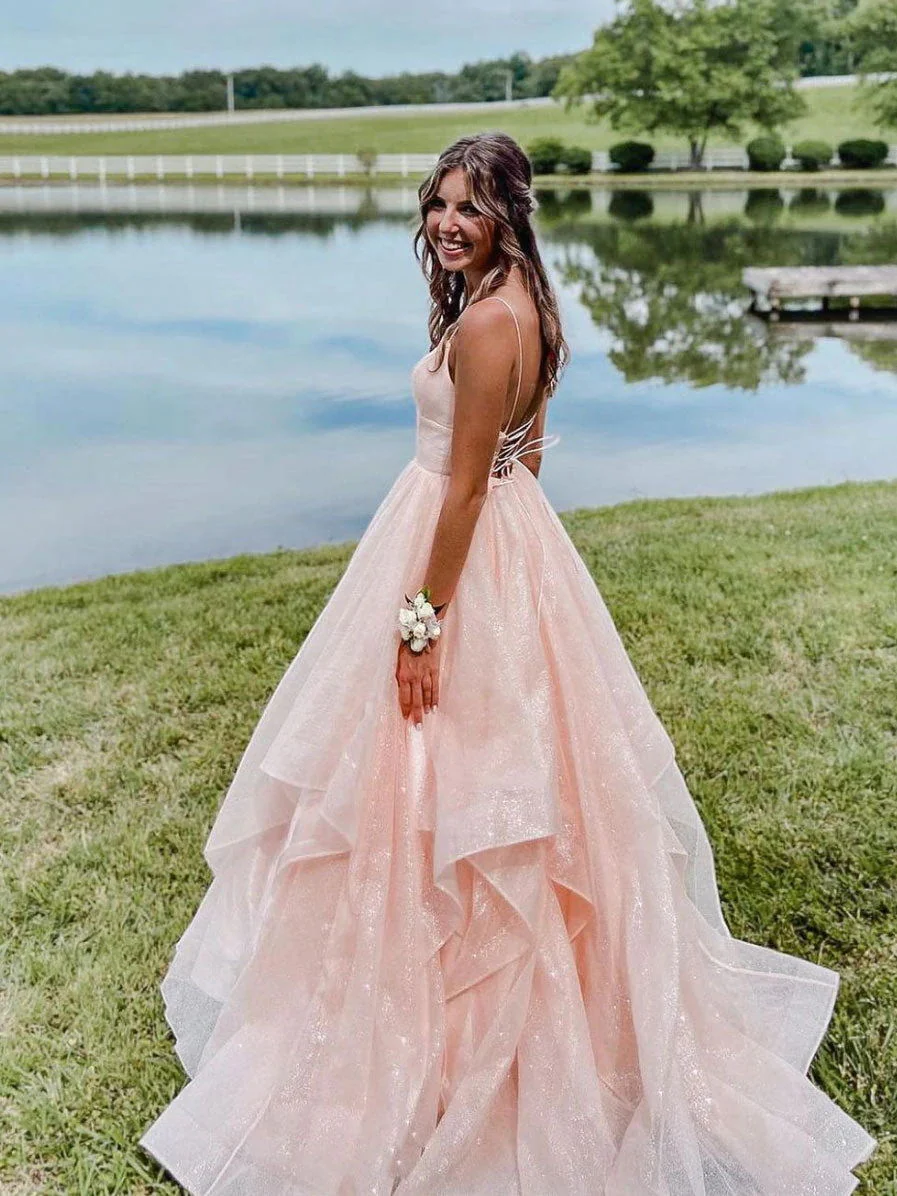 Lilac Spaghetti Strap Deep V-Neck Ball Gown Tulle Floor Length Formal Evening Dress