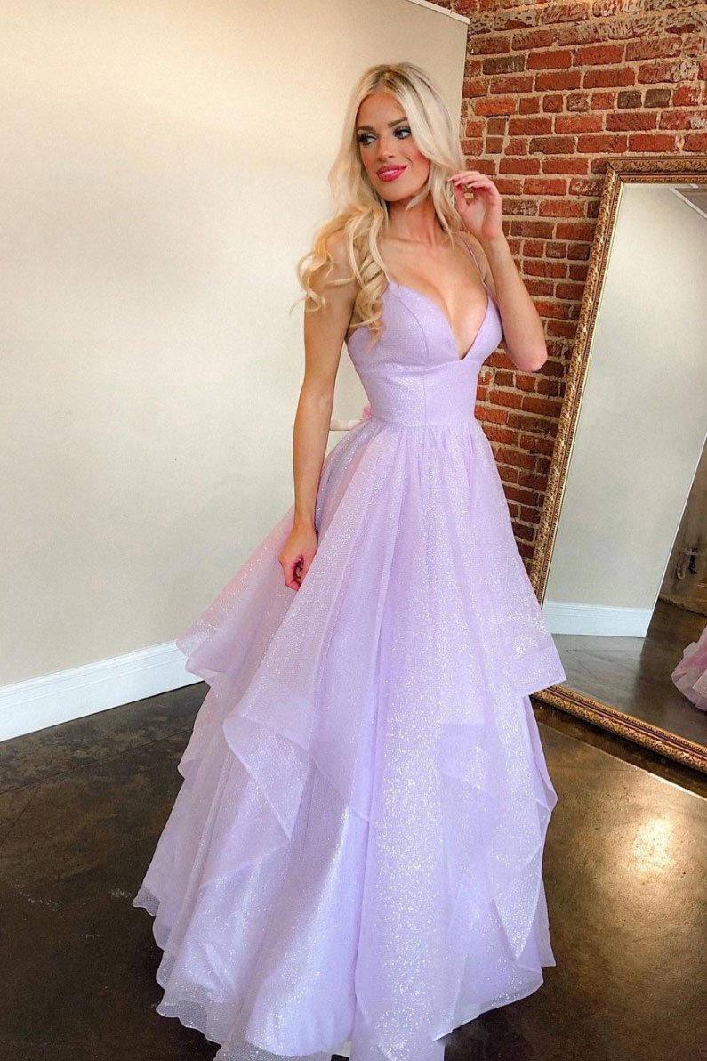 Lilac Spaghetti Strap Deep V-Neck Ball Gown Tulle Floor Length Formal Evening Dress
