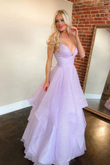 Lilac Spaghetti Strap Deep V-Neck Ball Gown Tulle Floor Length Formal Evening Dress