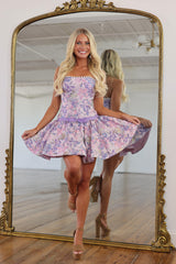 Lilac Strapless Pearl Trim Boned Corset Floral Jacquard Satin Waistband Fit & Flare A-Line Homecoming Dress Mini