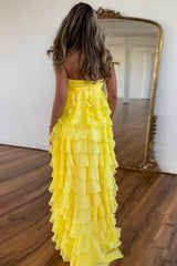 Long A-Line Chiffon Prom Dress with Ruffles and Corset in Yellow