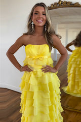 Long A-Line Chiffon Prom Dress with Ruffles and Corset in Yellow