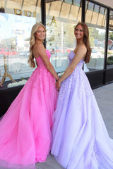 Long A-Line Corset Prom Dress in Lilac with Strapless Tulle and Appliques