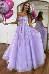 Long A-Line Corset Prom Dress in Lilac with Strapless Tulle and Appliques