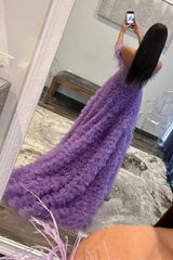 Long A-Line Corset Prom Dress in Purple with Off-Shoulder Tulle Tiers and Feather