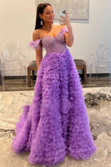 Long A-Line Corset Prom Dress in Purple with Off-Shoulder Tulle Tiers and Feather
