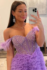 Long A-Line Corset Prom Dress in Purple with Off-Shoulder Tulle Tiers and Feather