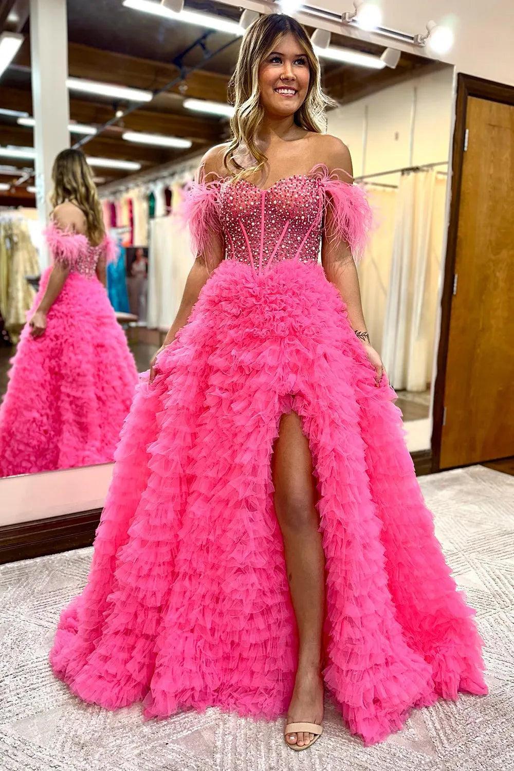 Long A-Line Corset Prom Dress in Purple with Off-Shoulder Tulle Tiers and Feather