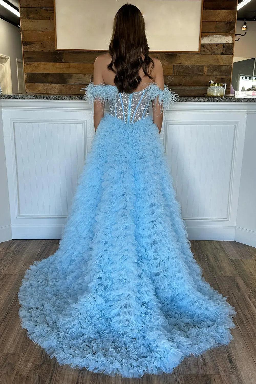 Long A-Line Corset Prom Dress in Purple with Off-Shoulder Tulle Tiers and Feather