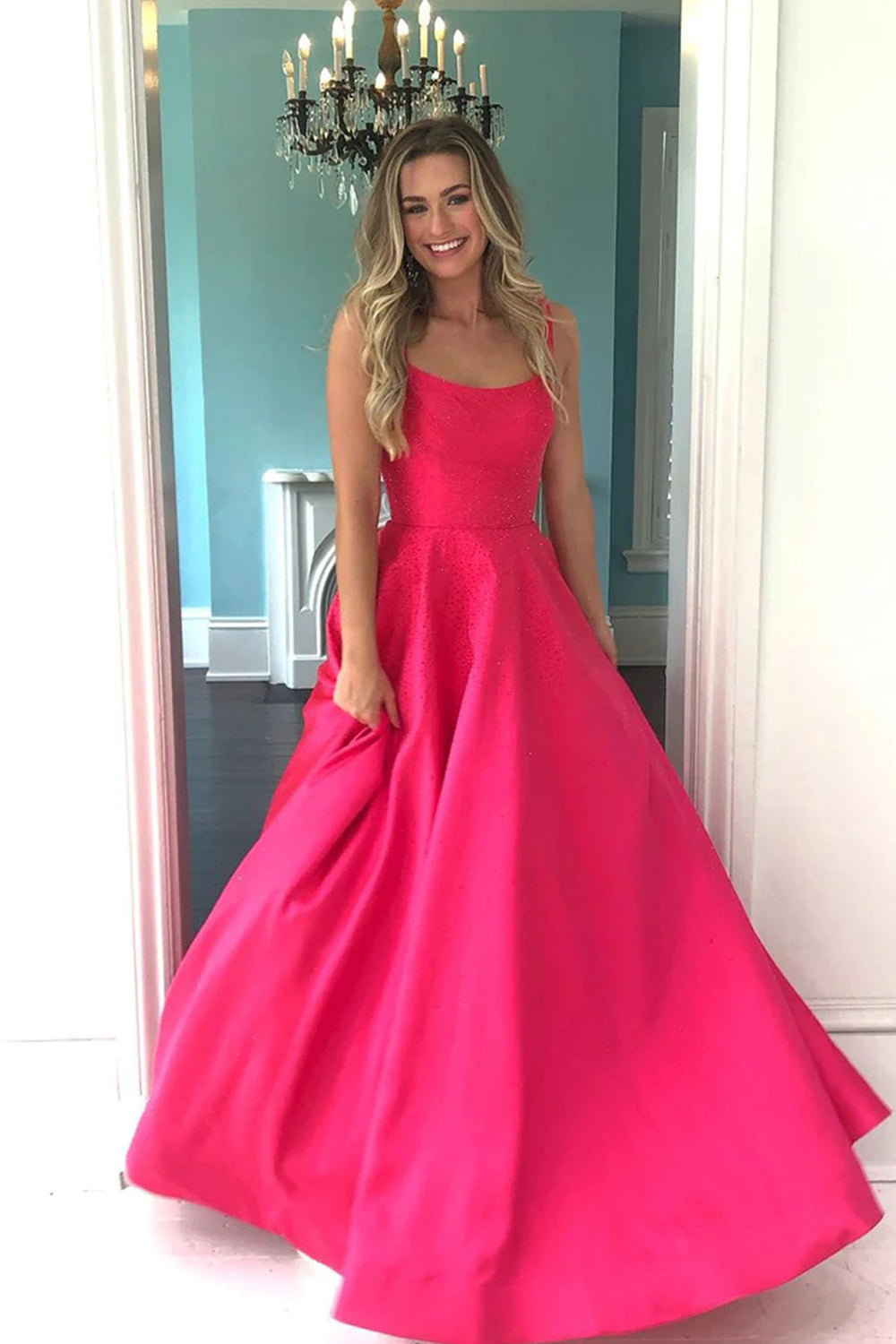 Long A-Line Prom Dress with Sparkly Hot Pink Sequin Straps