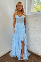 Long A-line Strapless Blue Corset Prom Dress Featuring Tiered Design and Appliques