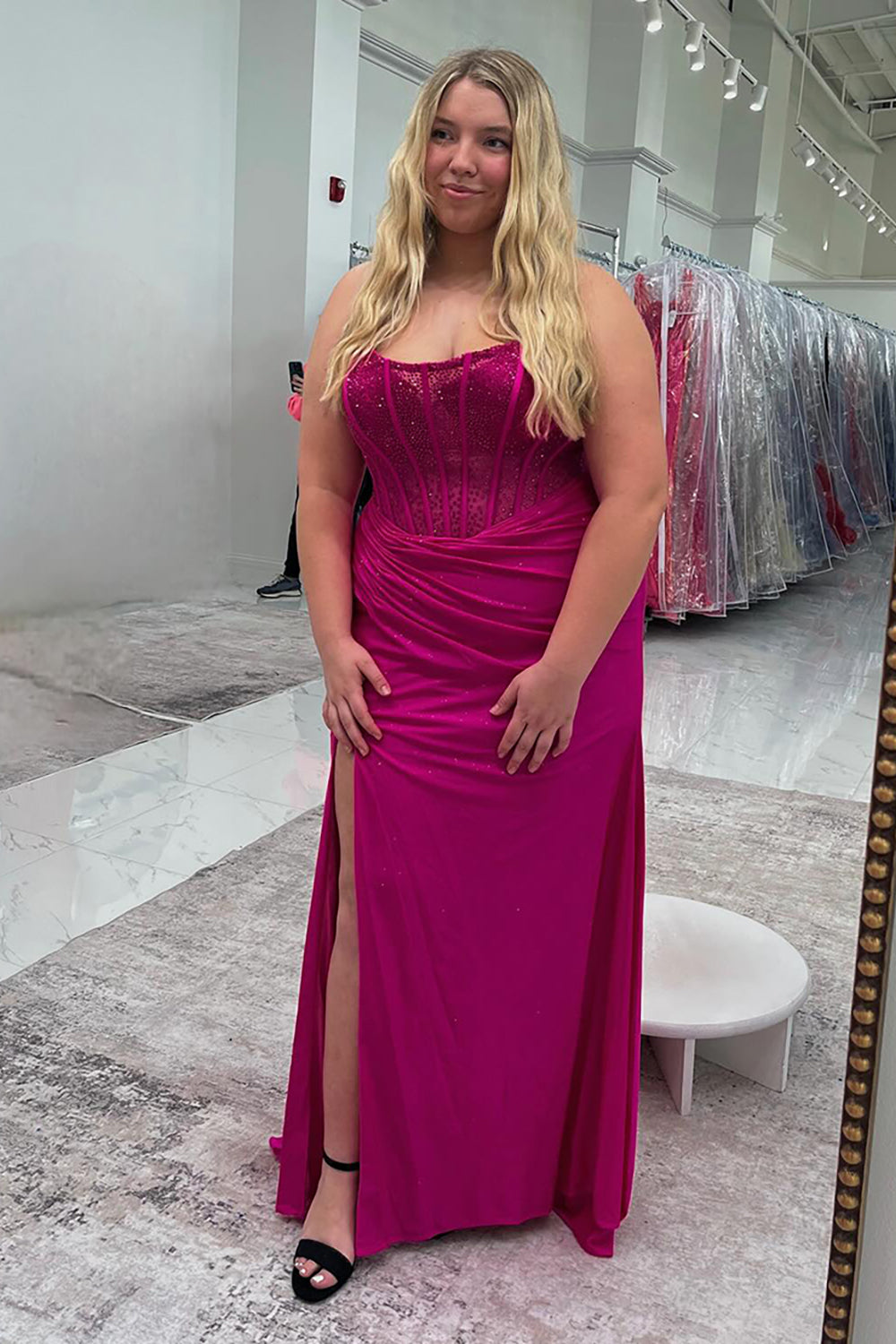 Long Beaded Fuchsia Strapless Mermaid Prom Dress with Slit