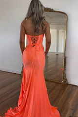 Long Beaded Orange Mermaid Prom Dress with Sparkly Ruffles and Strapless Corset
