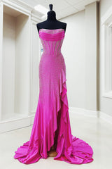 Long Beaded Strapless Prom Dress in Sparkly Fuchsia with Slit