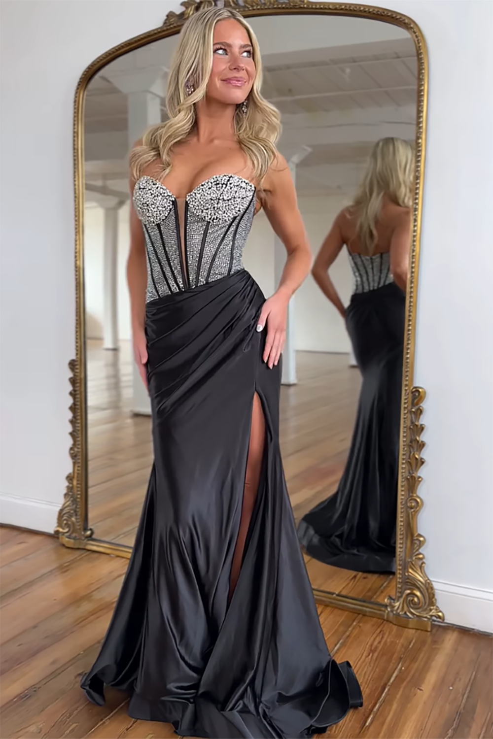 Long Black Satin Beaded Prom Dress with Sweetheart Neckline and Mermaid Slit