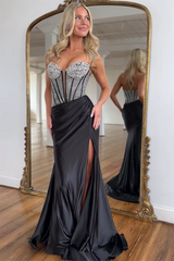 Long Black Satin Beaded Prom Dress with Sweetheart Neckline and Mermaid Slit