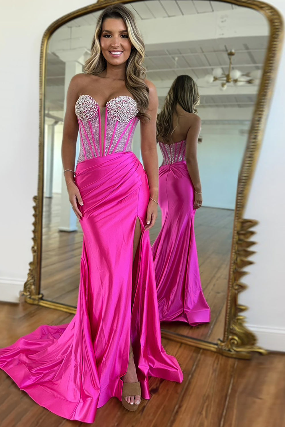 Long Black Satin Beaded Prom Dress with Sweetheart Neckline and Mermaid Slit