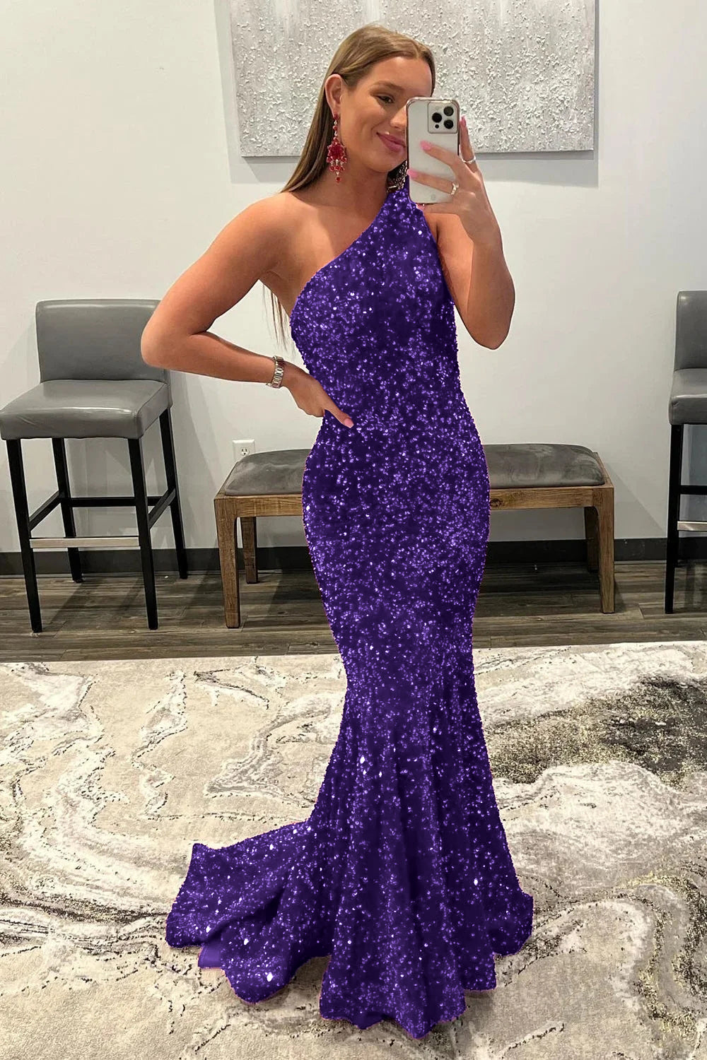 Long Burgundy Prom Dress with Mermaid Sequins