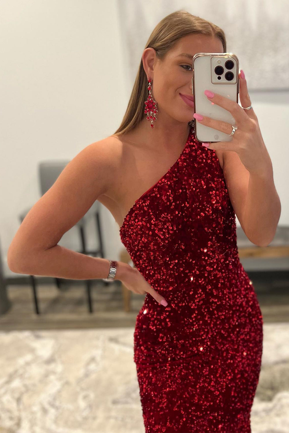Long Burgundy Prom Dress with Mermaid Sequins