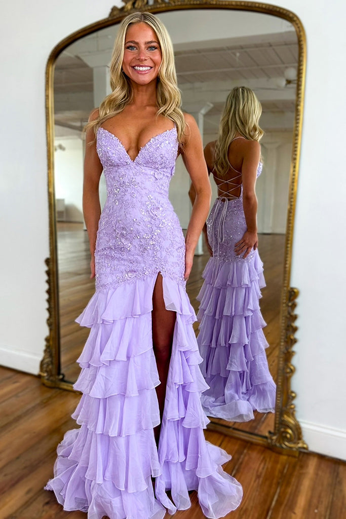 Long Chiffon Prom Dress with Sparkly Lilac Lace Appliques and Tiered Sheath  Design Featuring a Slit – misshow.com