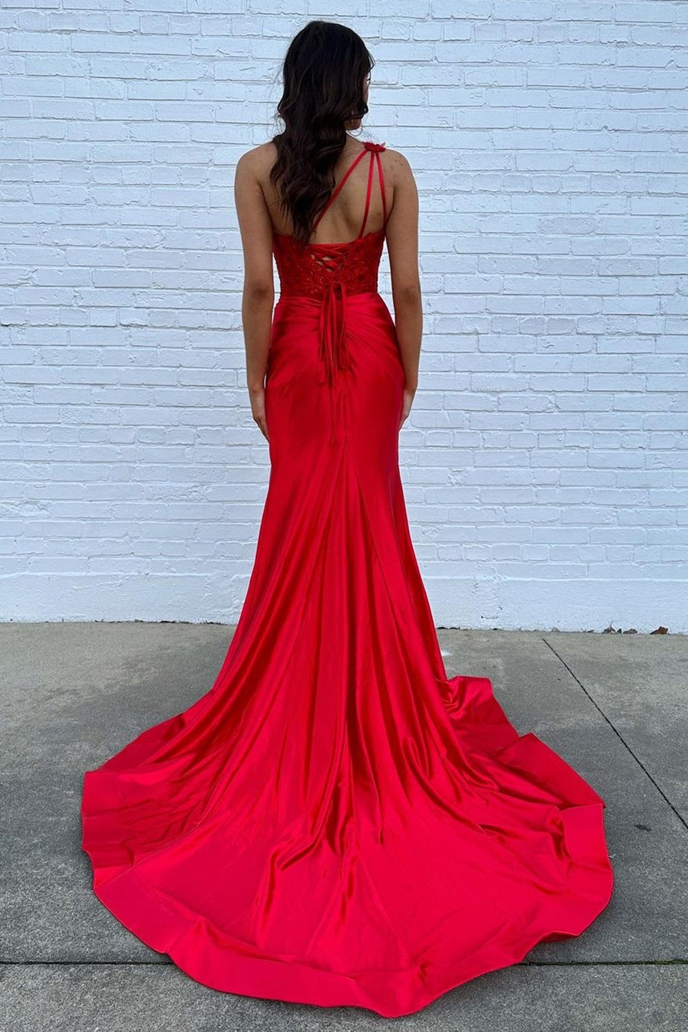 Long Corset Prom Dress in Fuchsia with One Shoulder Mermaid Cut and Ruched Appliques