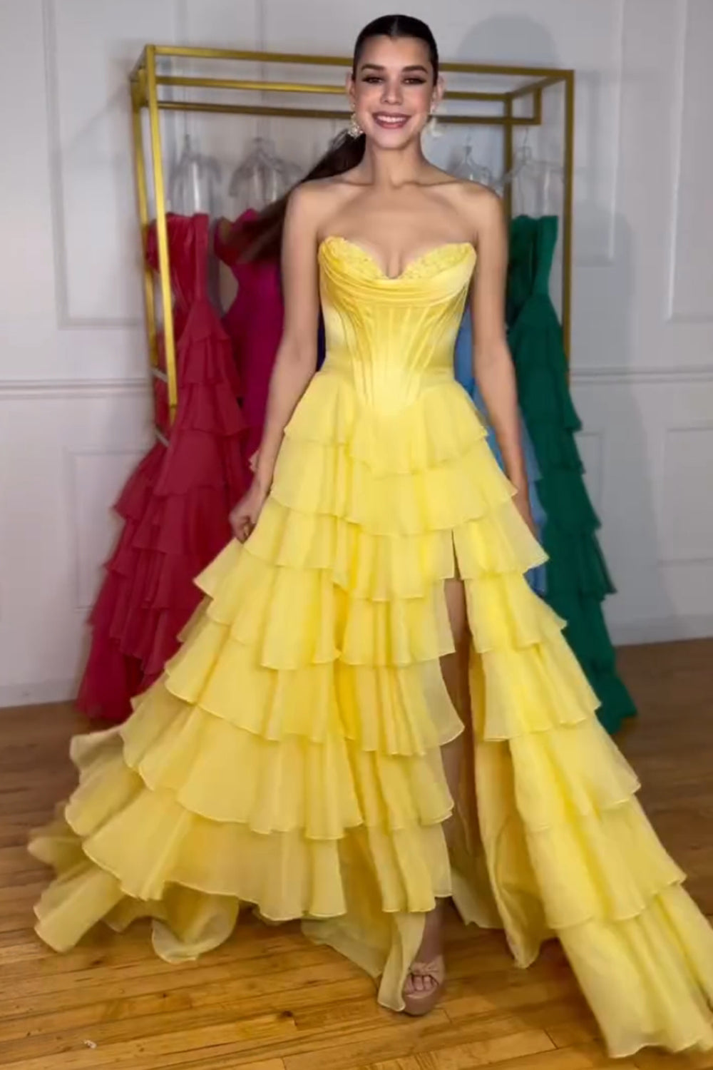 Long Corset Prom Dress in Fuchsia with Sweetheart Neckline and Ruffled Chiffon Slit