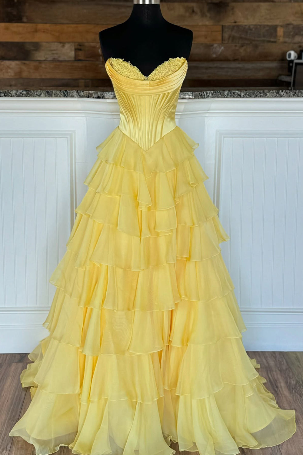 Long Corset Prom Dress in Fuchsia with Sweetheart Neckline and Ruffled Chiffon Slit