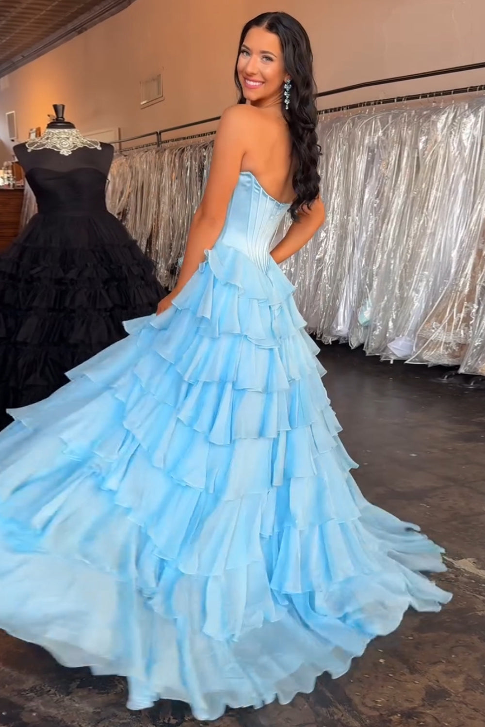 Long Corset Prom Dress in Fuchsia with Sweetheart Neckline and Ruffled Chiffon Slit