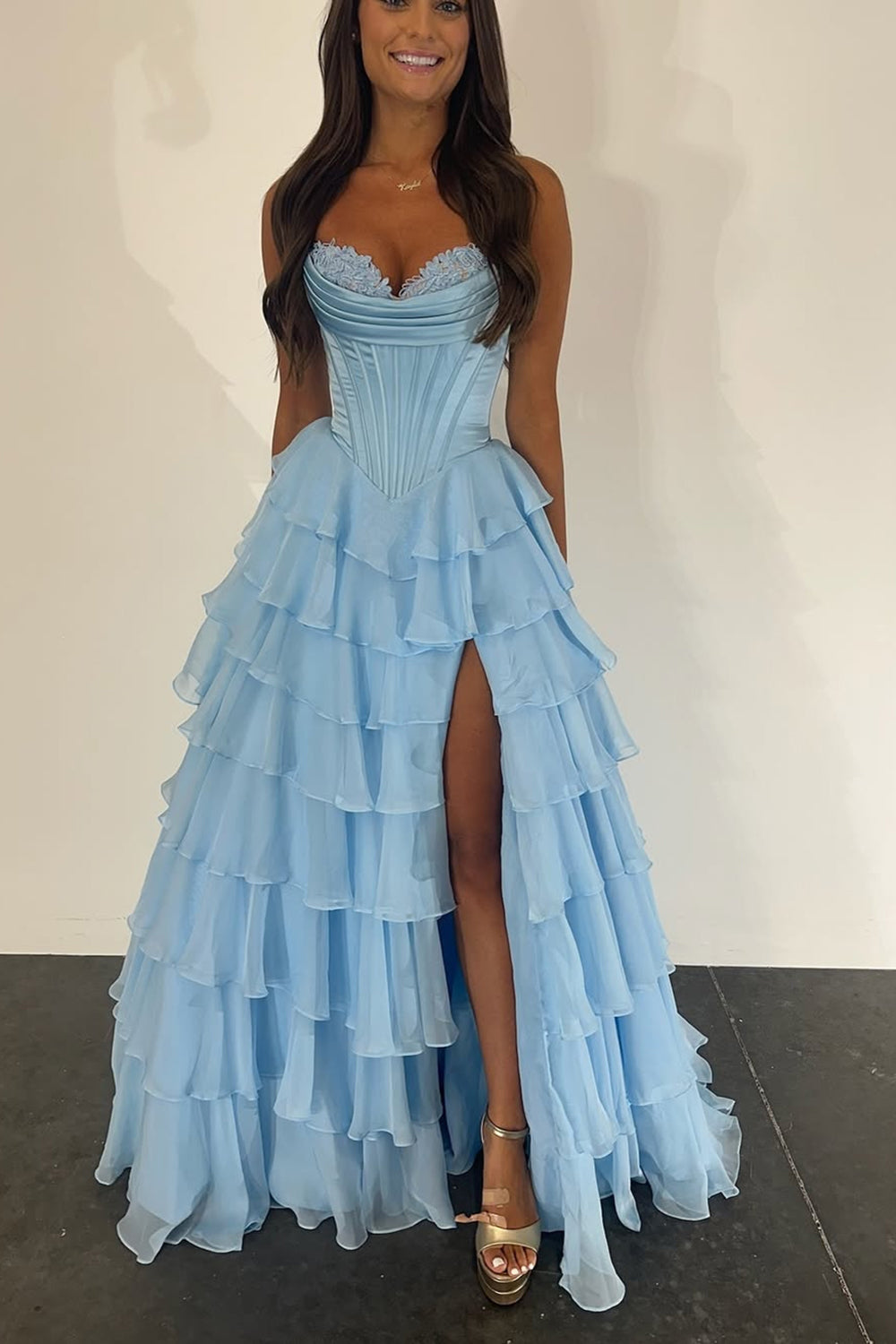 Long Corset Prom Dress in Fuchsia with Sweetheart Neckline and Ruffled Chiffon Slit