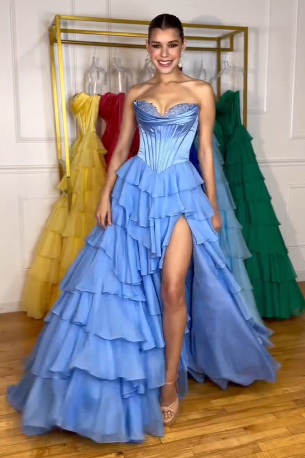 Long Corset Prom Dress in Fuchsia with Sweetheart Neckline and Ruffled Chiffon Slit