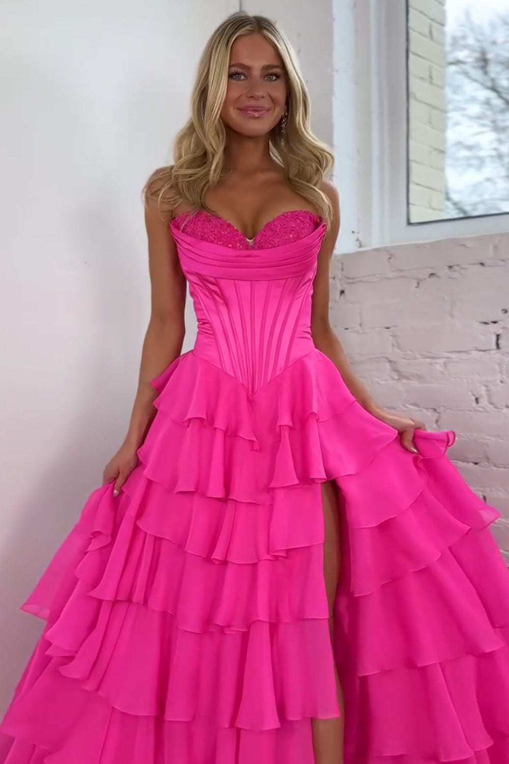 Long Corset Prom Dress in Fuchsia with Sweetheart Neckline and Ruffled Chiffon Slit