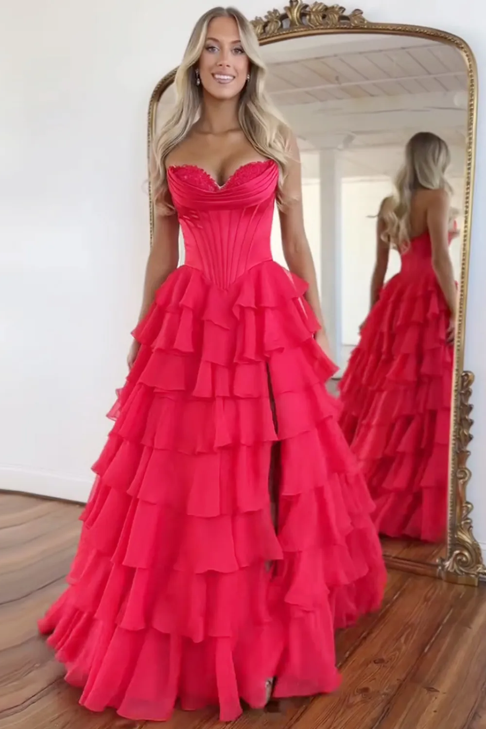 Long Corset Prom Dress in Fuchsia with Sweetheart Neckline and Ruffled Chiffon Slit