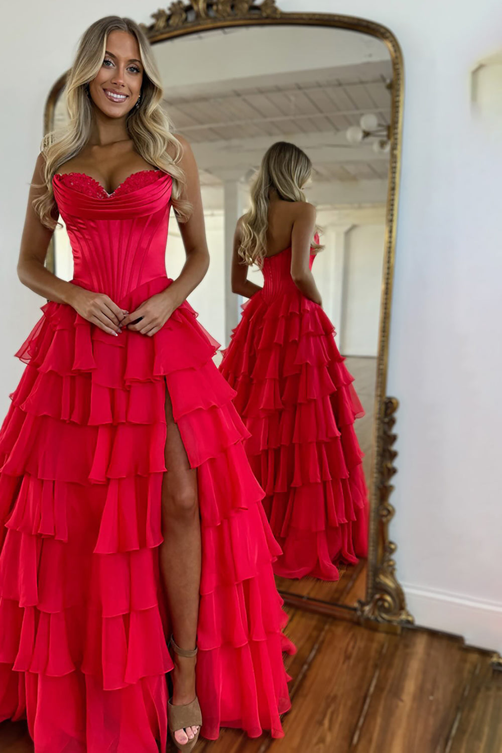 Long Corset Prom Dress in Fuchsia with Sweetheart Neckline and Ruffled Chiffon Slit