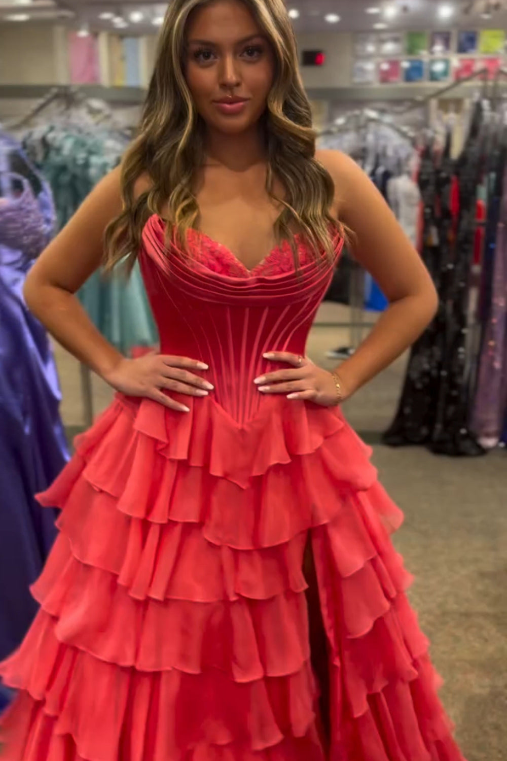 Long Corset Prom Dress in Fuchsia with Sweetheart Neckline and Ruffled Chiffon Slit