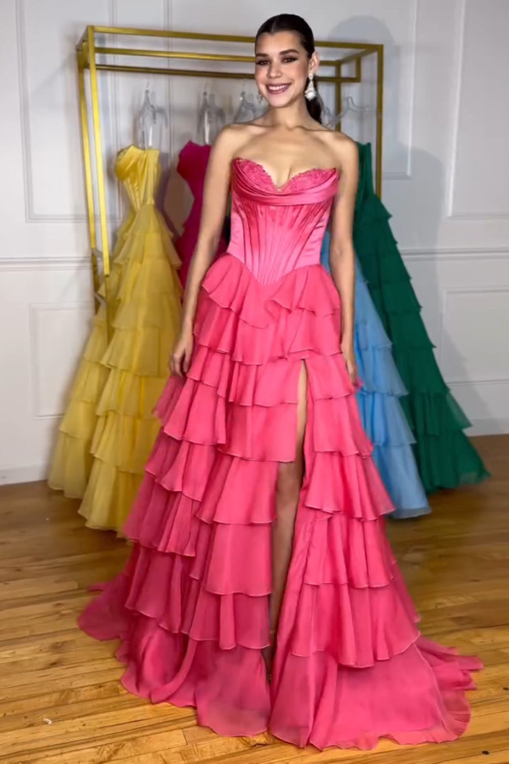 Long Corset Prom Dress in Fuchsia with Sweetheart Neckline and Ruffled Chiffon Slit