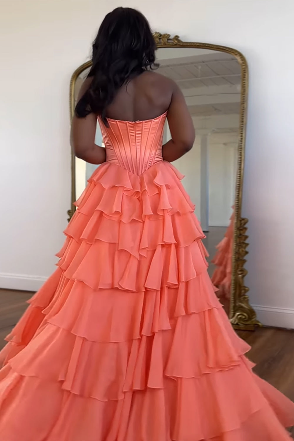 Long Corset Prom Dress in Fuchsia with Sweetheart Neckline and Ruffled Chiffon Slit